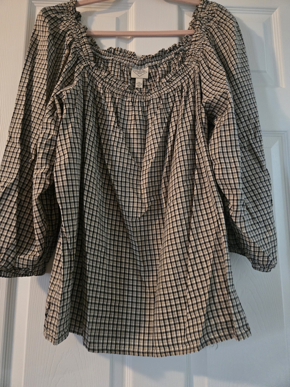 Smocked Off-Shoulder Plaid Women’s Peasant Top
